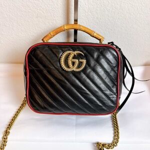 Like new Gucci Black bamboo top handle Quilted Crossbody Bag with Red Trim